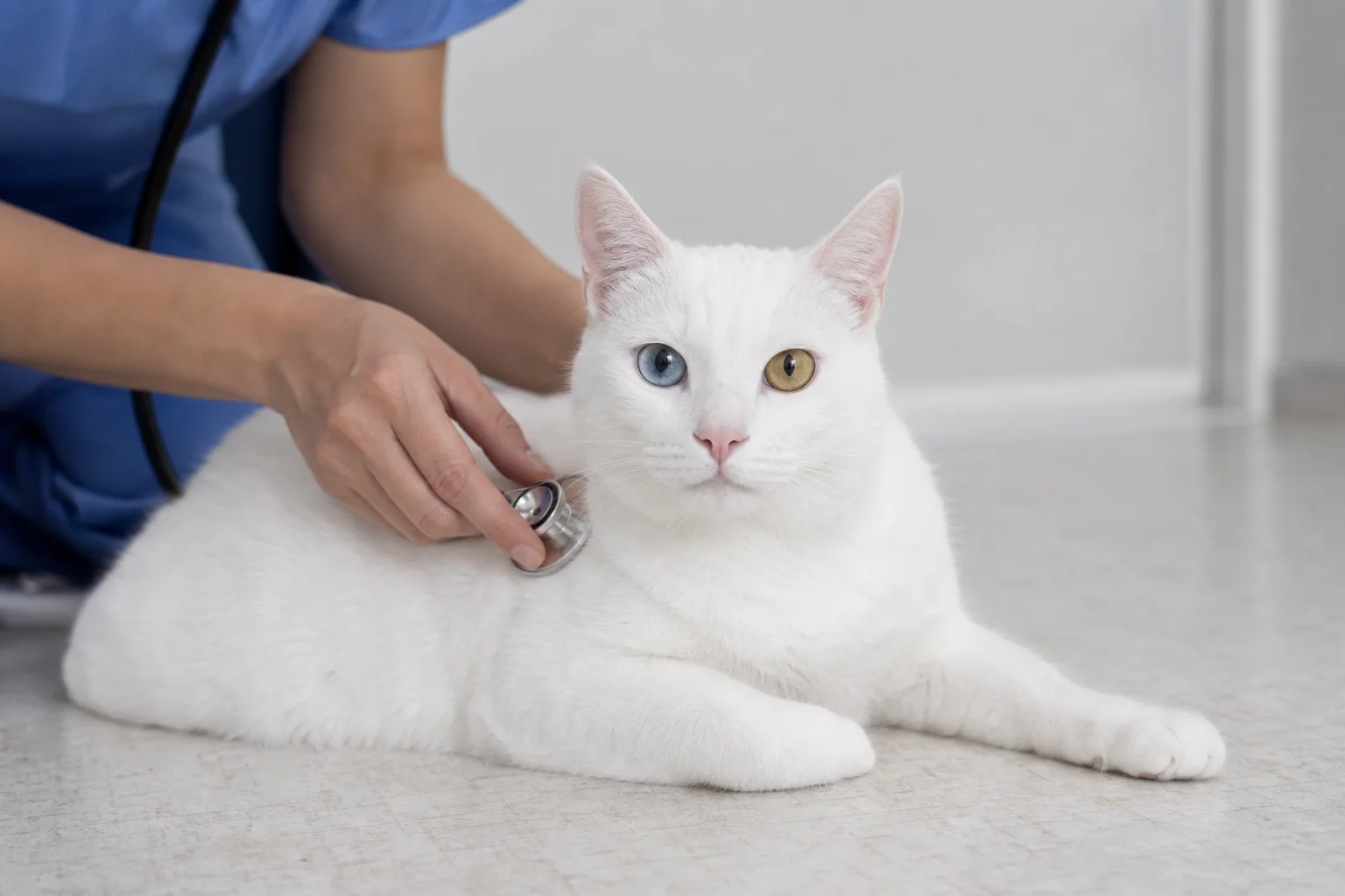 Gatto Khao Manee con orecchie e occhi, in ambiente domestico, con segni di salute e prevenzione