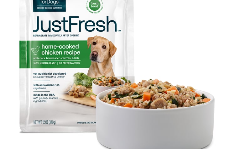 Just Food For Dogs JustFresh home-cooked chicken recipe — package and prepared bowl